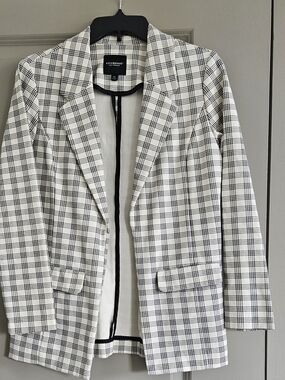 Women's XS Liverpool Stretch Plaid Blazer Jacket - White/Black Pockets Open